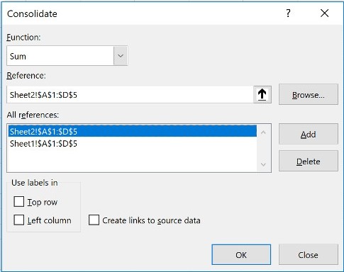 Chọn nhiều vùng dữ liệu để hợp nhất trong Excel