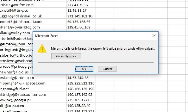 Thông báo khi hợp nhất ô Excel
