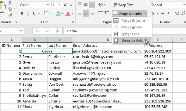 Bỏ gộp ô Excel