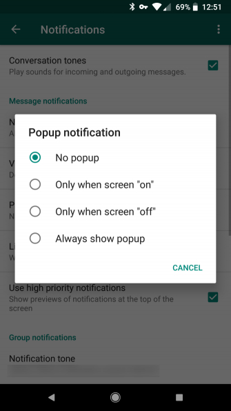 Lựa chọn hiển thị thông báo WhatsApp