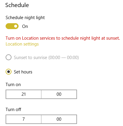 Lập lịch cho Night Light trên Windows 10