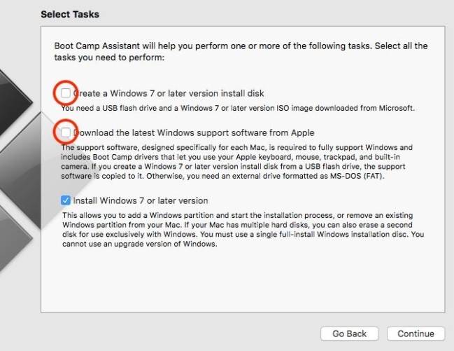 Bỏ tích các phần không cần thiết trên Boot Camp