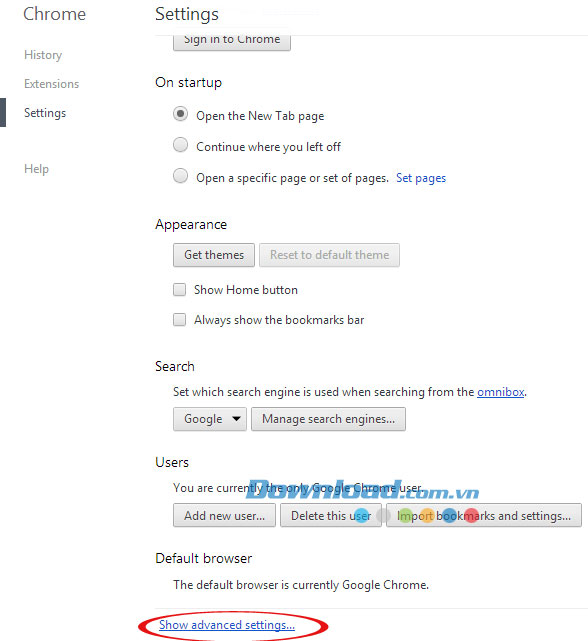 Nhấn vào nút Show advanced settings… Hướng dẫn thay đổi ngôn ngữ trình duyệt Google Chrome