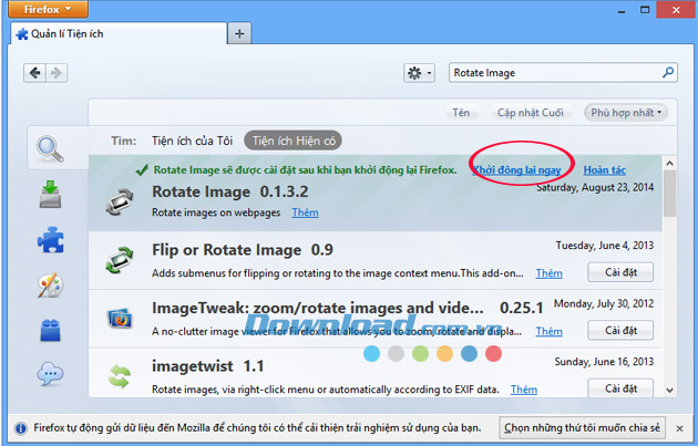 Nhấn Khởi động lại ngay Hướng dẫn cài đặt tiện ích mở rộng trên trình duyệt Firefox