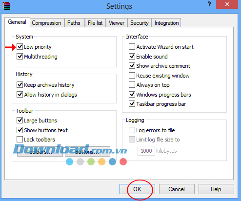 Kích hoạt chế độ ưu tiên cấu hình thấp trong WinRAR