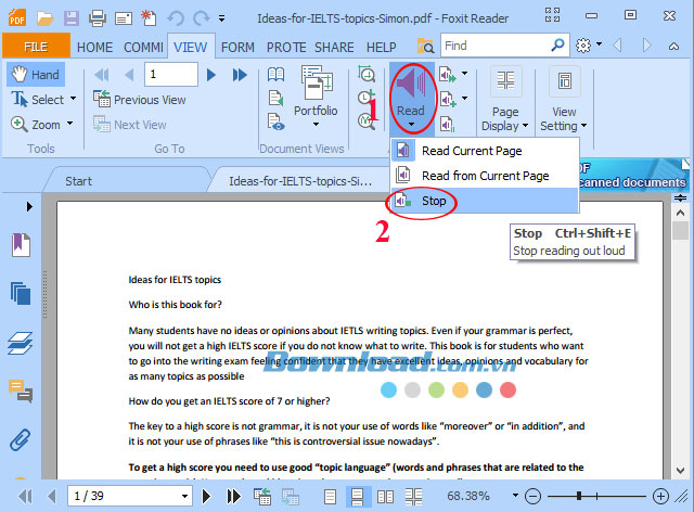 Kích hoạt chế độ đọc văn bản trong Foxit Reader