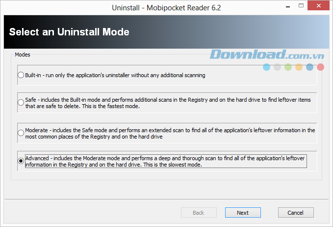 Các tùy chọn gỡ chương trình