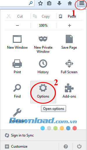 Vào 3 gạch ngang chon Options. Hướng dẫn thay đổi ngôn ngữ trình duyệt Firefox