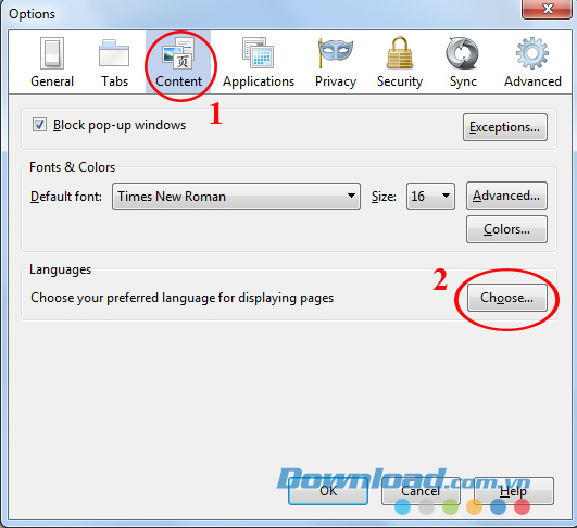Cửa sổ Options Hướng dẫn thay đổi ngôn ngữ trình duyệt Firefox