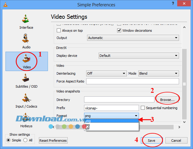 Cửa sổ Simple Preferences Hướng dẫn chụp ảnh Video trên VLC Media Player