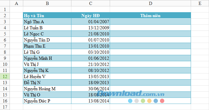 Tính thâm niên công tác trên bảng tính Excel