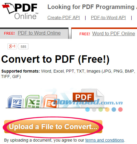 Nhấn vào Upload a File to Convert Chuyển đổi Word sang PDF trực tuyến miễn phí