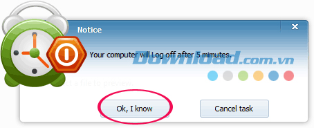 Thông báo trước khi tác vụ thực hiện Cách hẹn giờ tắt máy bằng Wise Auto Shutdown