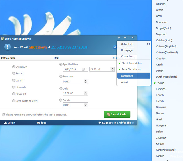 Thay đổi ngôn ngữ Cách hẹn giờ tắt máy bằng Wise Auto Shutdown