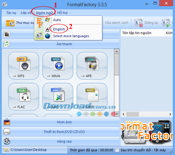 Trở lại giao diện Tiếng Anh Hướng dẫn thay đổi ngôn ngữ của Format Factory