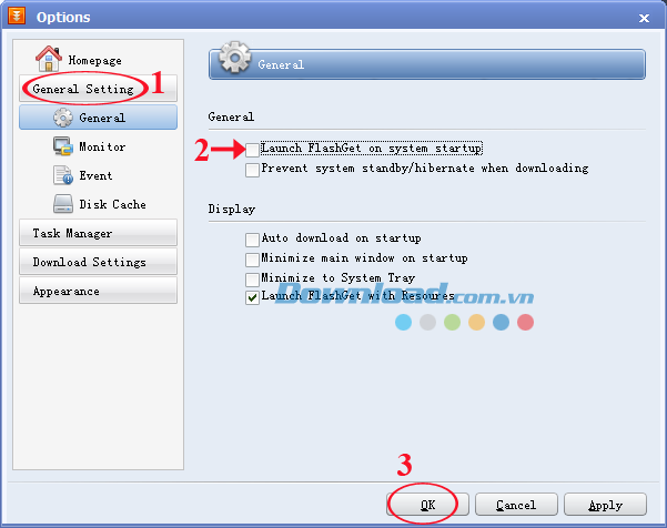 Cửa sổ Options Hướng dẫn sử dụng FlashGet để tải Video Flash