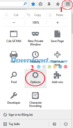 Nhấn vào Options Hướng dẫn kích hoạt tính năng Sync trên trình duyệt Firefox
