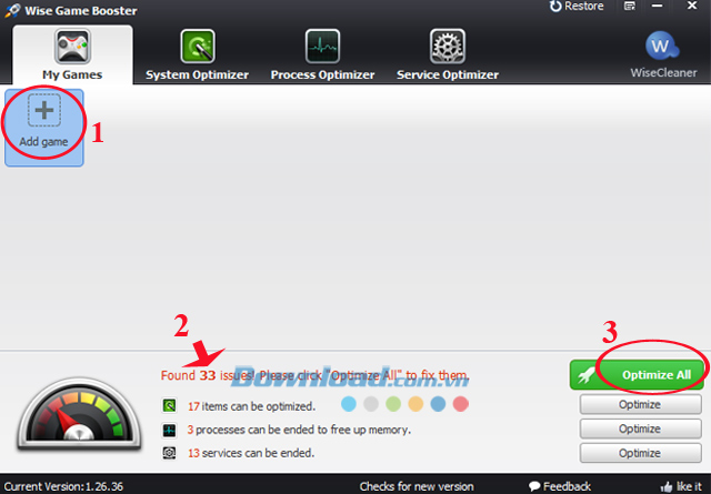 Giao diện chính Cách dùng Wise Game Booster để tăng tốc chơi game