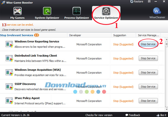 Thẻ Service Optimizer Cách dùng Wise Game Booster để tăng tốc chơi game