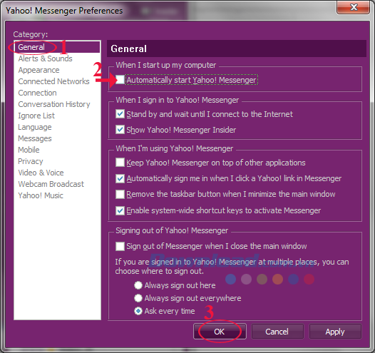 Tắt tính năng khởi động cùng Windows của Yahoo