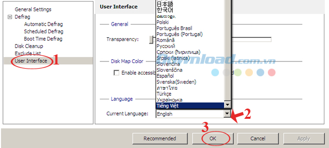 Thay đổi ngôn ngữ Chống phân mảnh ổ cứng miễn phí với IObit Smart Defrag