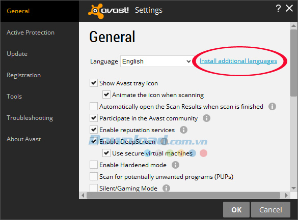 Cài đặt thêm ngôn ngữ Cài đặt ngôn ngữ tiếng Việt cho avast! Free Antivirus