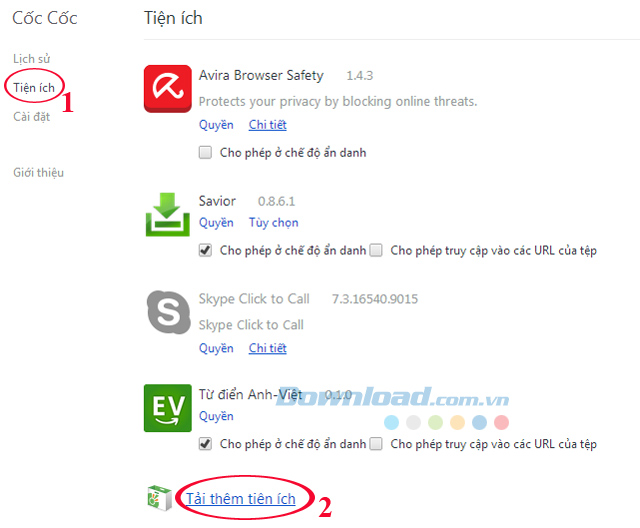 Các tiện ích đã cài trên Cốc Cốc