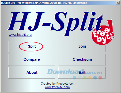 Nhấn vào Split Hướng dẫn chia nhỏ và ghép file bằng HJSplit
