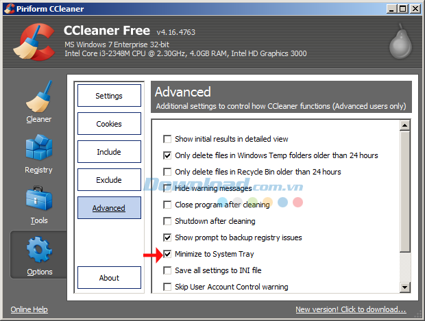 Thiết lập CCleaner chạy dưới khay hệ thống