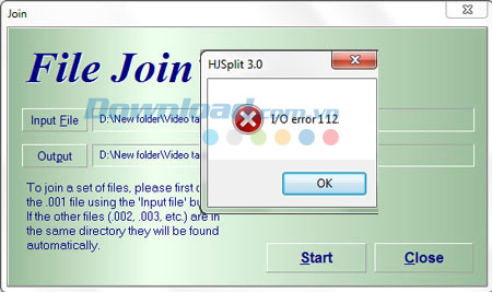 Cách khắc phục lỗi I/O error 112 trong HJSplit