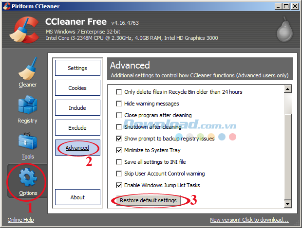Cách khôi phục cài đặt mặc định cho CCleaner