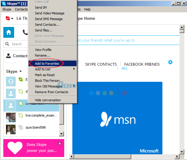 Cách tạo danh sách liên lạc yêu thích trên Skype
