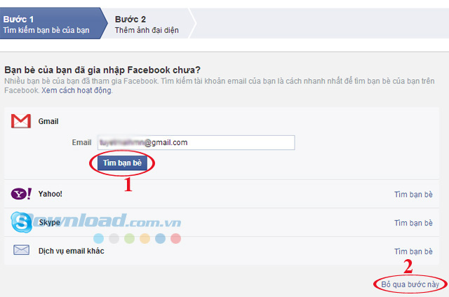 Nhập địa chỉ email để tìm bạn bè khi lần đầu đăng nhập Facebook