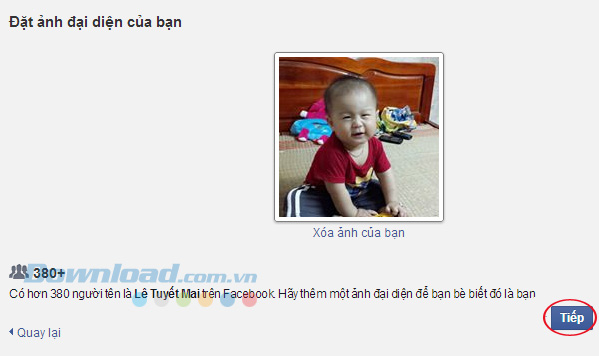 Nhấn Tiếp sau khi đã thêm ảnh Facebook thành công