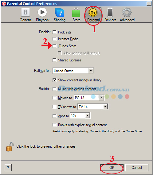 bỏ dấu tick trong mục iTunes Store