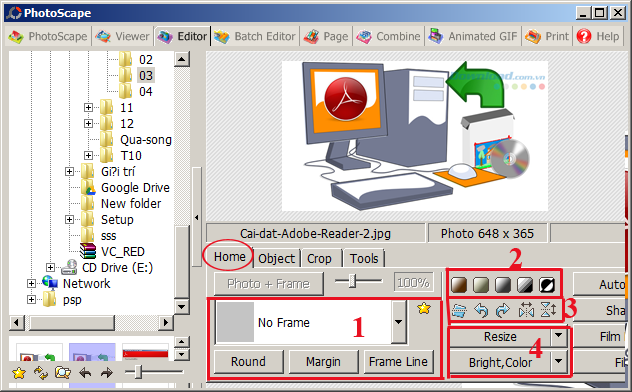 Thẻ Home Cài đặt và sử dụng PhotoScape chỉnh sửa ảnh miễn phí