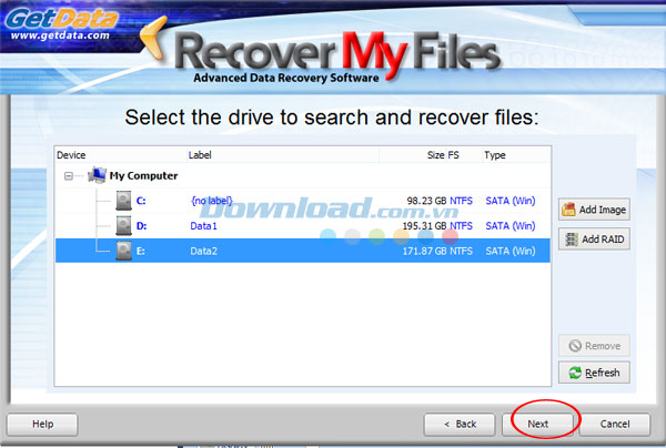 Lựa chọn ổ đĩa để tìm file bị mất