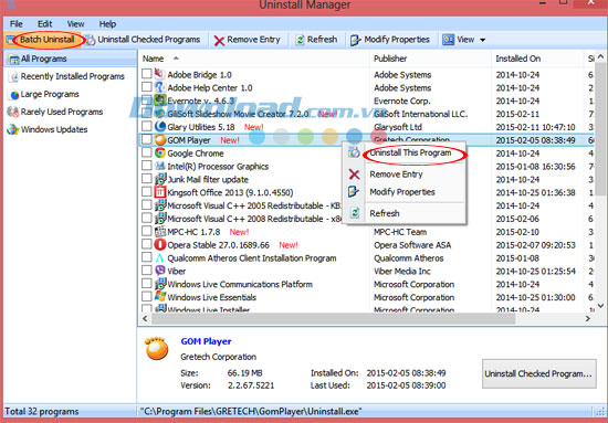 Chọn ứng dụng để gỡ bỏ