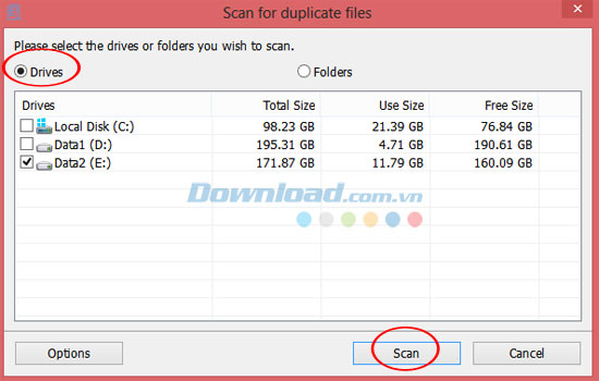 Chọn ổ đĩa chứa file trùng lặp