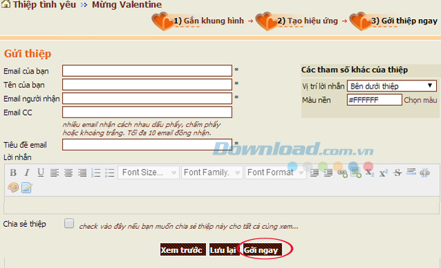 Điền đầy đủ thông tin để gửi thiệp Hướng dẫn tạo thiệp Valentine trực tuyến