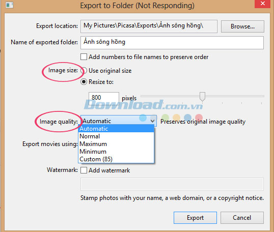 Thay đổi kích thước ảnh trong khi xuất