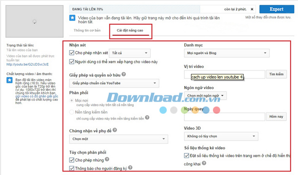 giao diện cài đặt thông tin Cách upload video lên Youtube nhanh và hiệu quả nhất