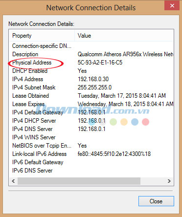 Địa chỉ Mac được tìm thấy