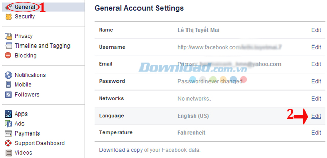 Nhấn vào chỉnh sửa ngôn ngữ Hướng dẫn đổi giao diện Facebook thành tiếng Việt