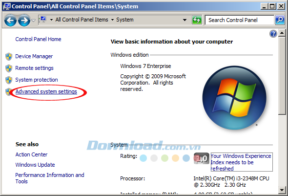 Nhấn vào Advanced system settings
