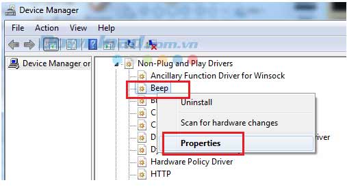 Vào beep, chọn Properties Tắt tiếng bip khi khởi động máy