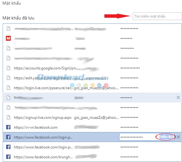 Chọn web cần hiện pass Cách hiển thị mật khẩu đã lưu trên trình duyệt