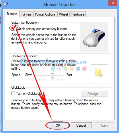 Thay đổi thiết lập Thiết lập cài đặt chuột cho người thuận tay trái