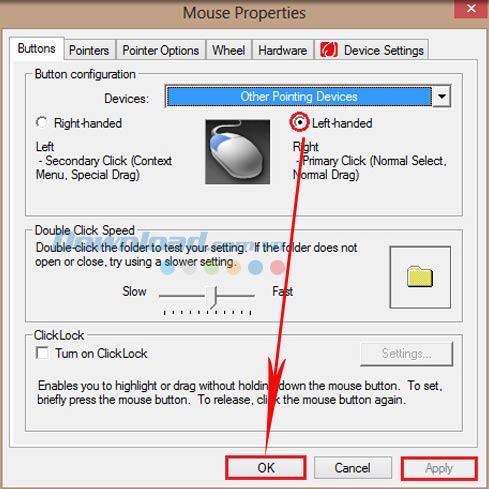 Chọn thiết lập Thiết lập cài đặt chuột cho người thuận tay trái