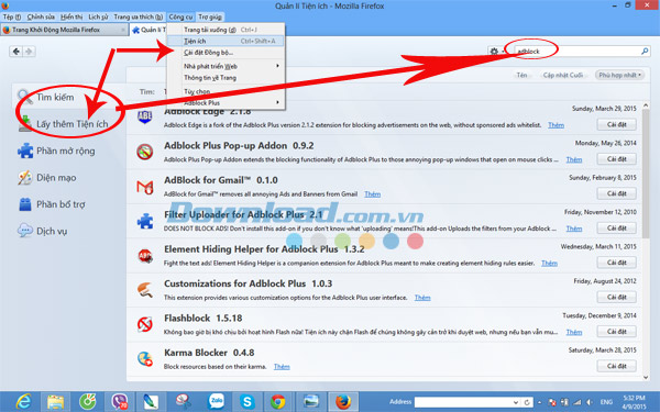 Cài trên tiện ích của Firefox Cách cài đặt Adblock cho các trình duyệt